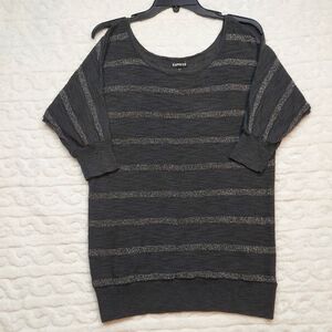 Express Gray Metallic Striped Cold Shoulder 3/4 Sleeve Top Size L